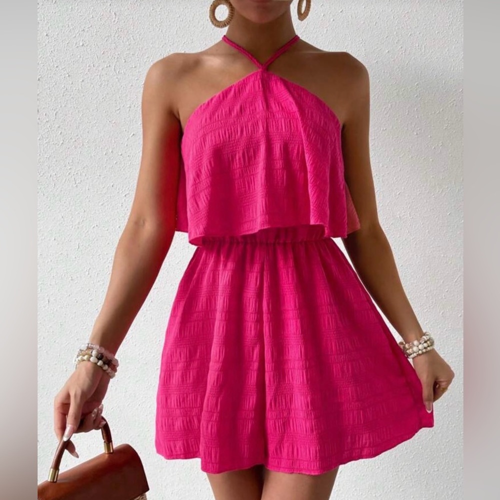 Women's Ruffled Boho Halter Jumpsuit in Hot Pink